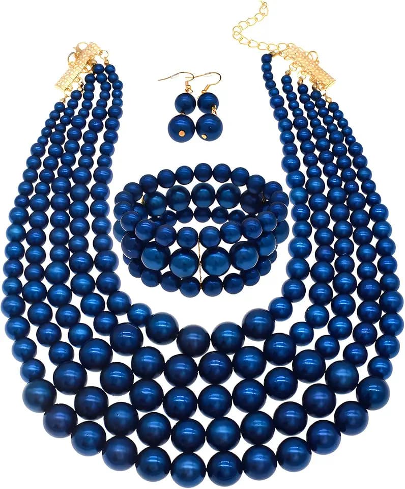 Faux Layered large Pearl Necklaces for Women Big Pearls Choker Necklace Chunky Pearl Necklace and Earrings Set 1920s Costume Pearl Jewelry