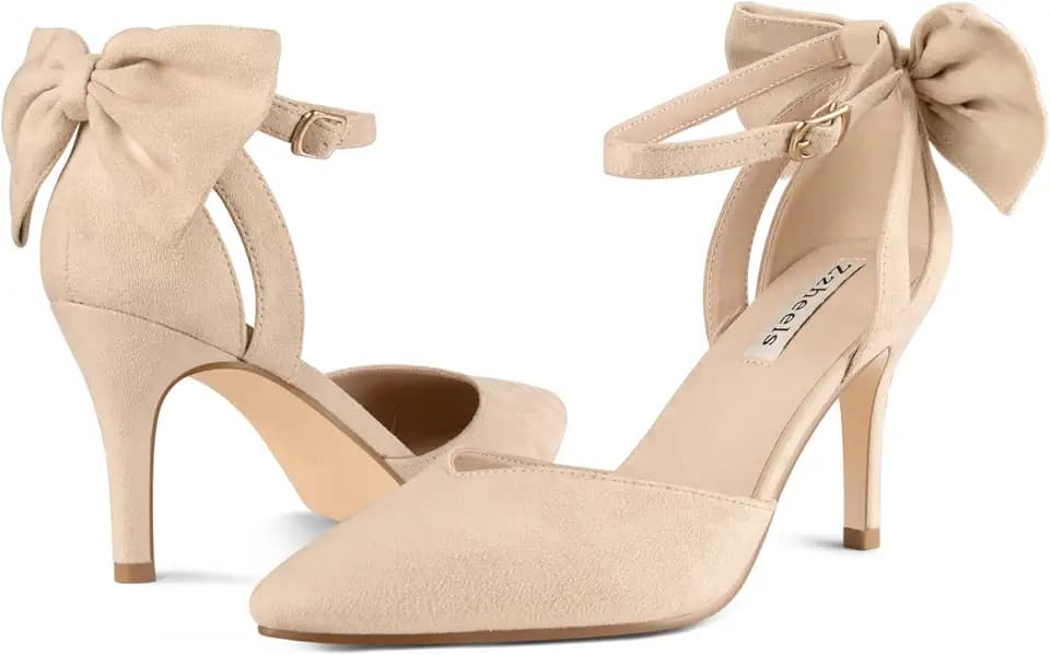Zzheels Women's Closed Toe Kitten Heels Bow Pumps