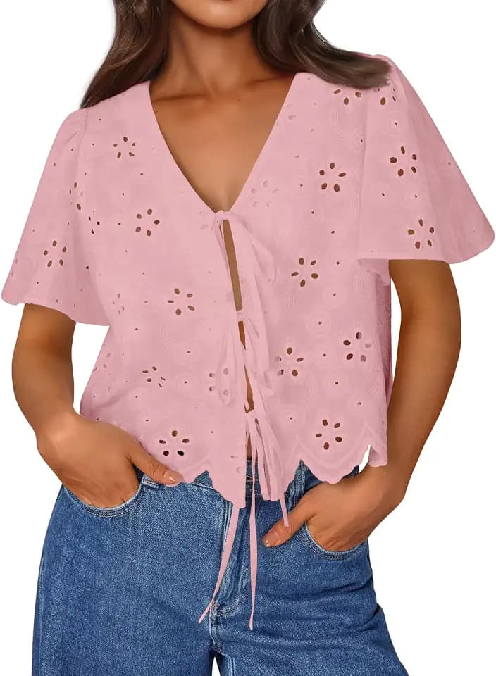 Trendy Queen Womens Summer Tops Cotton Tie Front Blouses