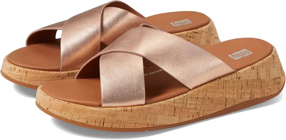 FitFlop F-Mode Metallic Leather/Cork Flatform Cross Slides
