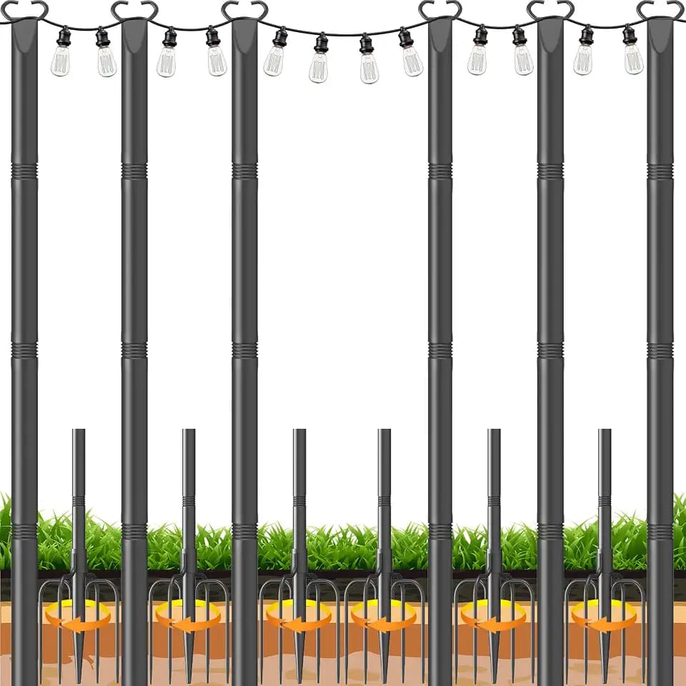 10Ft String Light Poles 6 Pack,Poles for Outdoor String Lights with Fork and Fence Clamp,Hanging Lights Metal Stand Post for Deck Patio Backyard Garden Decorations