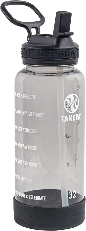 Takeya Motivational Water Bottle with Straw Lid and Time Marker (32 oz, Stormy Black) - Leakproof, BPA Free Water Bottle for Daily Intake Tracking
