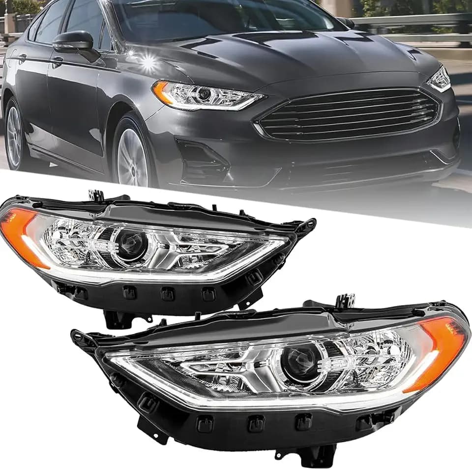 Headlights Assembly Compatible with 2017 2018 2019 2020 Ford Fusion w/LED DRL Halogen Headlamp Bulbs Include, Driver & Passenger Side