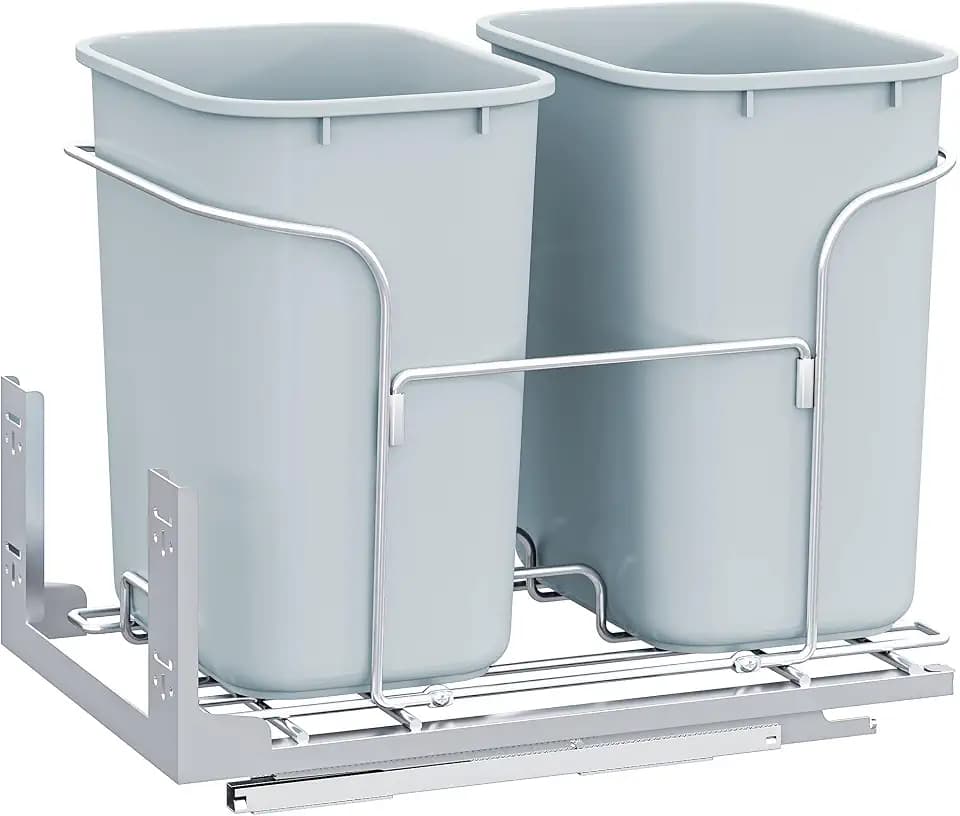 DWVO 27 Quart Pull Out Trash Can for Under Kitchen Cabinets, Double Pull-Out Trash Can for 20.9"" W x 25"" D x 20.9"" H Minimum Cabinets Cabinet Opening, Gray, MADWVOwUV9