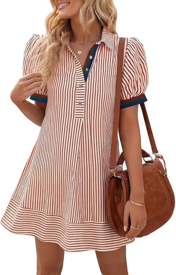 Wenrine Womens Summer Striped Short Sleeve Casual Button Shirt Mini Dresses