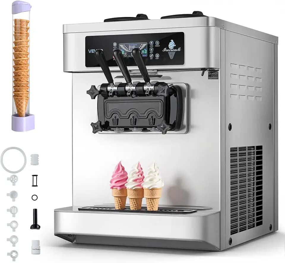 VEVOR Commercial Ice Cream Machine, 20-28L/H Yield, 2200W 3-Flavor Countertop Soft Serve Ice Cream Maker with 2 x 6L Hoppers & Built-In Puffing Pump, Pre-Cooling Low-Mix Alert for Snack Dessert Shops
