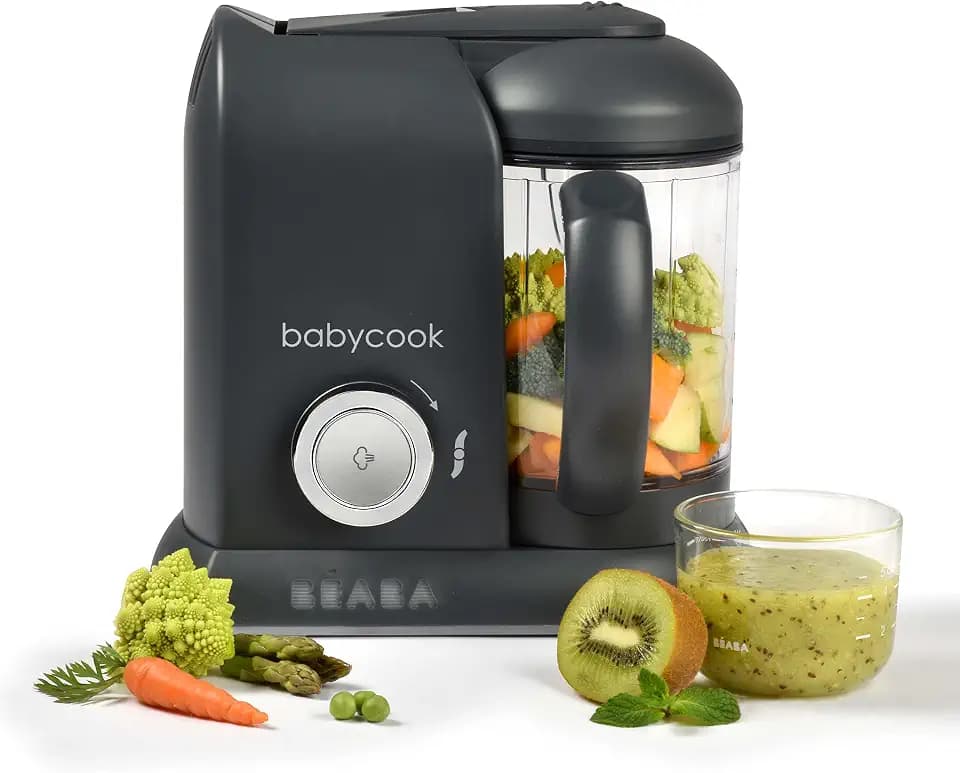 BÉABA - Babycook Solo - 4 in 1 Babynahrungszubereiter - Schonender Dampfgarer - Schnelles Dampfgaren in 15 Minuten - Garkorb aus Edelstahl - Dunkelgrau