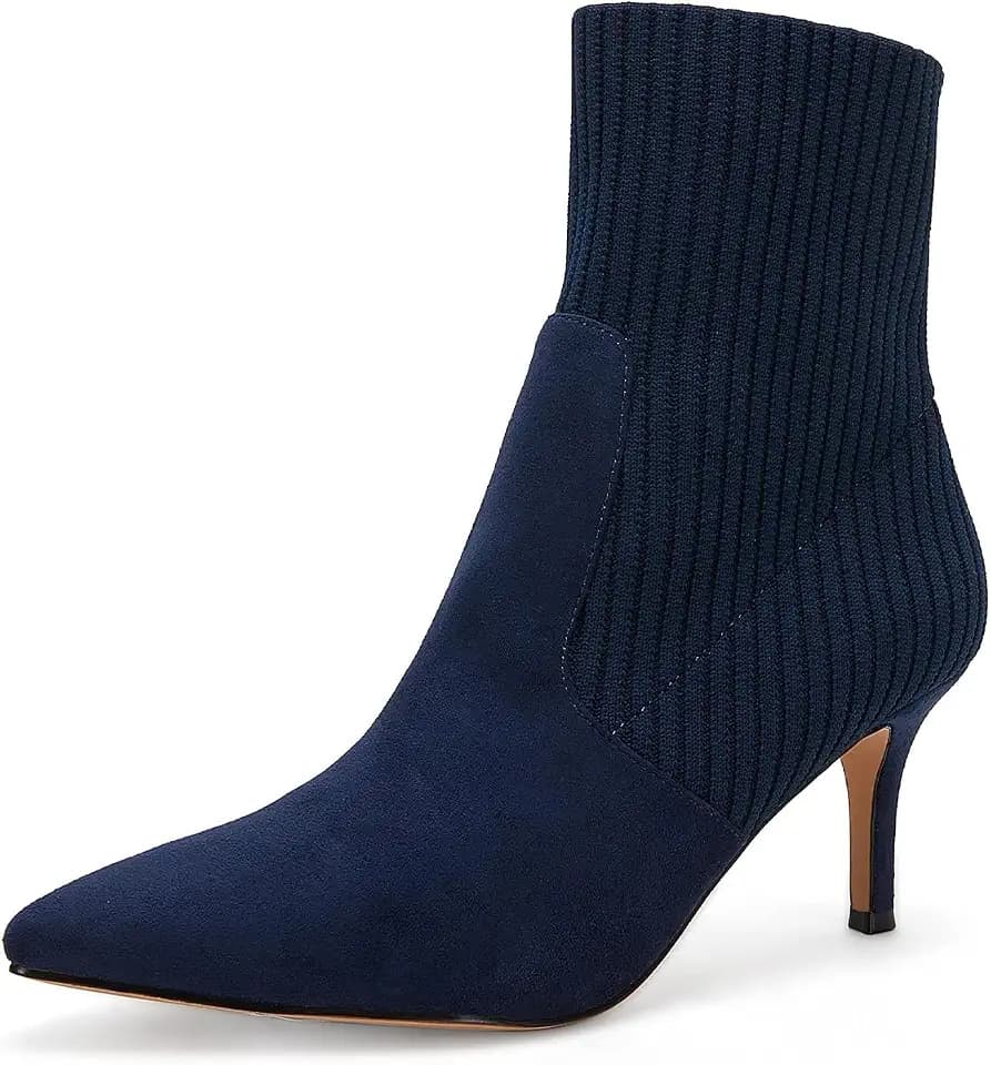 Coutgo Women's Pointed Toe Ankle Boots Stiletto Kitten Heel Knit Faux Suede Winter Sock Booties