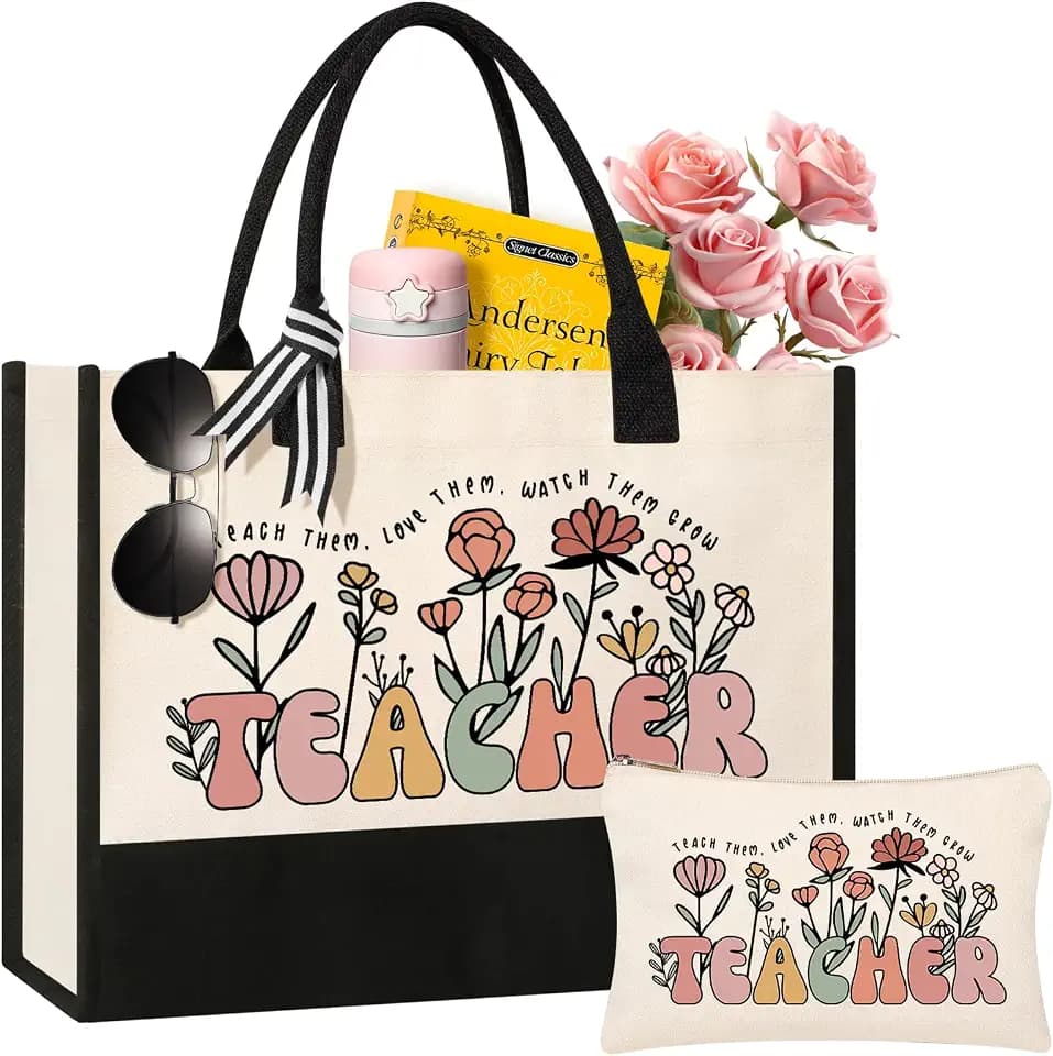 Teacher Appreciation Gifts, Canvas Tote Bag and Makeup Bag Set for Women