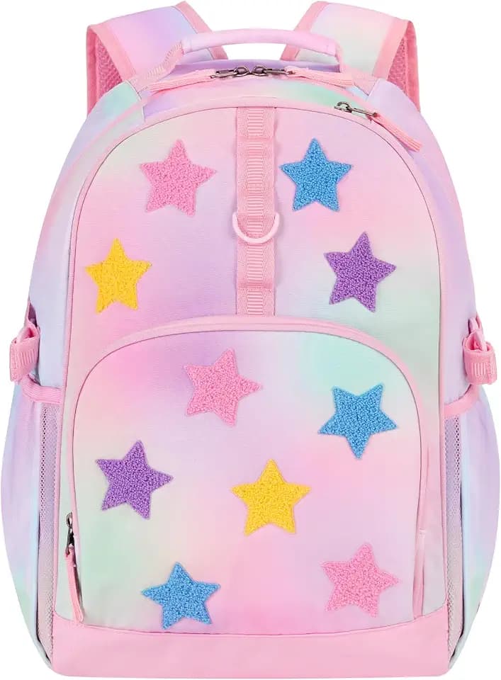 Choco Mocha Kids Backpack for Girls Stars Backpack Kids Elementary School Backpack for Girls Ages 6-8 Kid Bookbag 17 Inch with Chest Strap, Pink