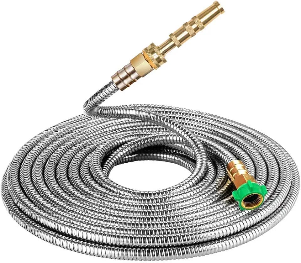 BEAULIFE 304 Stainless Steel Metal Garden Hose Extension 100 Ft with Brass Water Hose Nozzle Flexible & Lightweight Kink Free Hose Connector for Hose Reel Faucet Outdoor