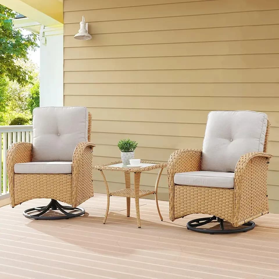 Belord 3 Piece Patio Furniture Sets Wicker Swivel Rocker Chairs - Outdoor Swivel Rocking Chairs Set of 2 with Rattan Side Table, Patio Swivel Glider Chair Bistro Set for Patio Porch Pool Beige Cushion