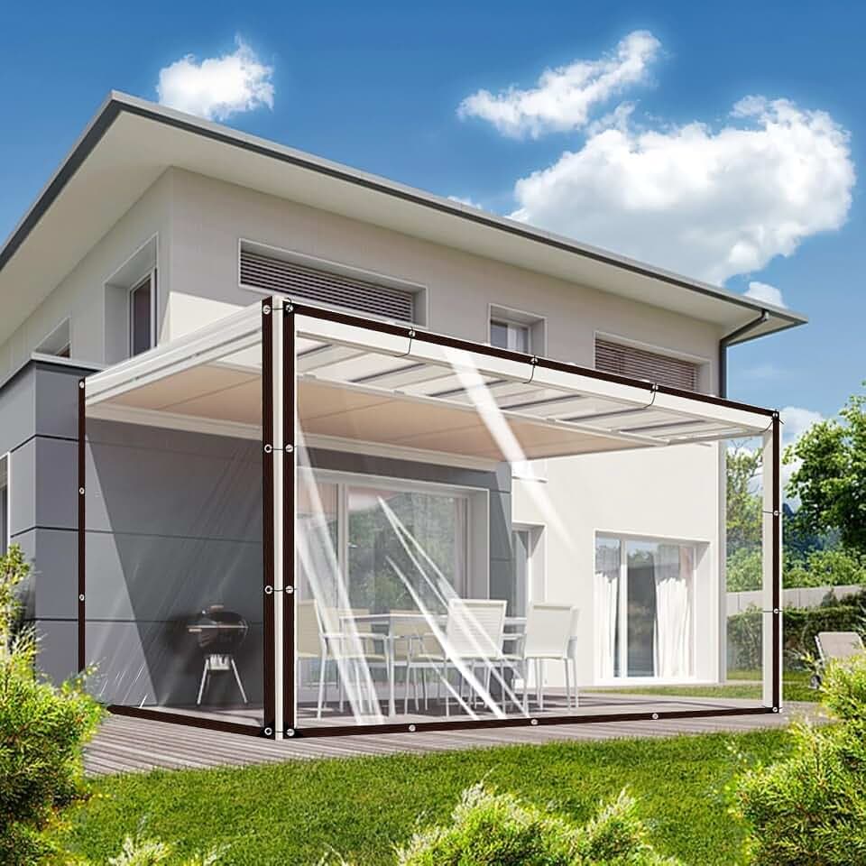 Plane Wasserdicht Transparent mit ösen,Durchsichtige Plane,Mehrzweck Abdeckplane Transparent Wasserdicht, Abdeckplane Durchsichtig für Gartenmöbel,Balkone,Regenschutz Windschutz, mit Bindeseil, 3x3m
