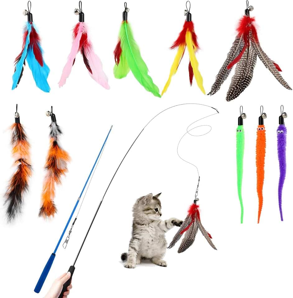 Hianjoo Katzenspielzeug Katze Toys 12 Stück, Interaktives Katzenspielzeug Feder mit 2 STK Versenkbare Katzenangel Ersatz und 10 STK Feder Spielzeug mit Glocken