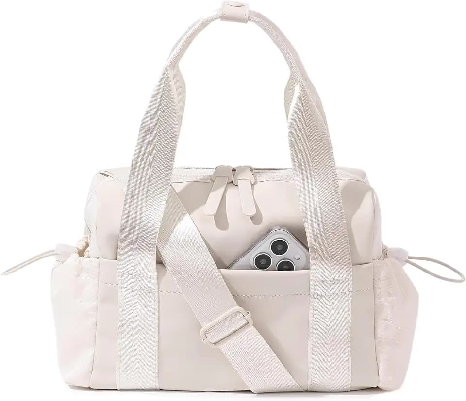 Bucosd Small Gym Bag for Women, Mini Crossbody Gym Duffle Bag with Wet Compartment, Carry on Gym Tote Bag for Workout Dance Sport Travel (Mini-Beige)