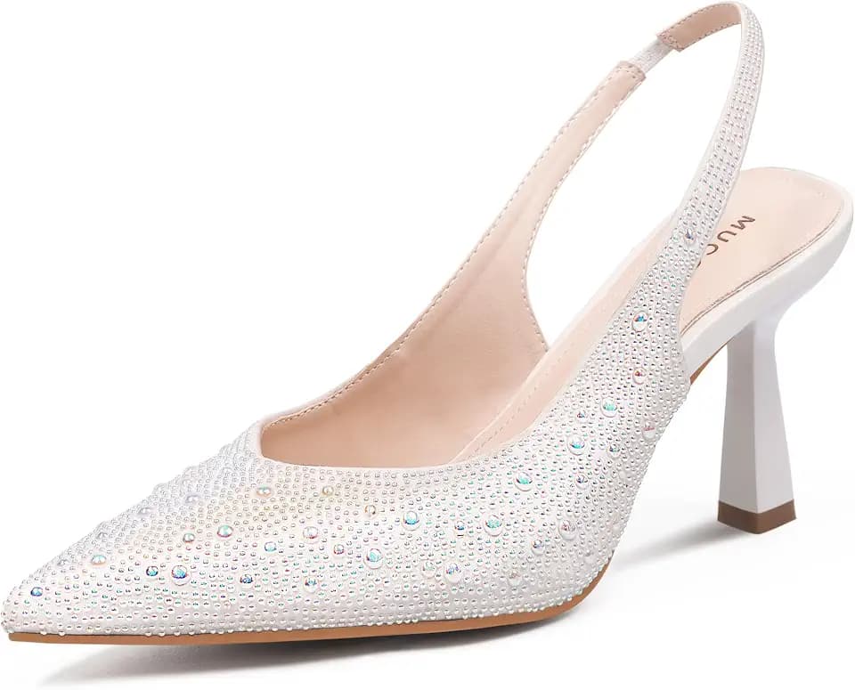 MUCCCUTE Kitten Heels for Women Rhinestones Slingback Pointe Toe Heels