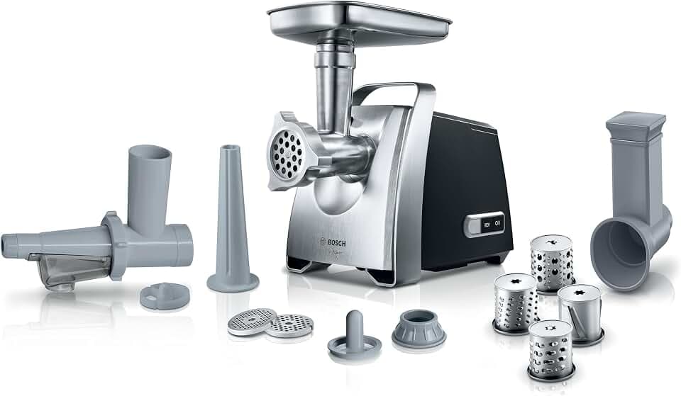 Bosch Fleischwolf MFW68660, Wurstausfatz, Reibe mit 4 Raspeln, 3 Edelstahl Lochscheiben (3, 4,8, 8mm), 2200 W Blockierleistung, 880 W, silber