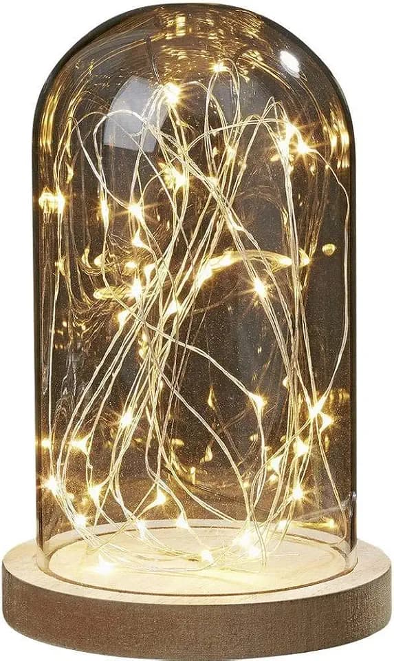 hellum Glasglocke mit Holzboden und abnehmbarer Kuppel, 30 warmweiße LEDs, Glasglocke batteriebetrieben mit Timer, 12,5 x 19,5 cm, Valentinstag Deko, personalisierbar 523713