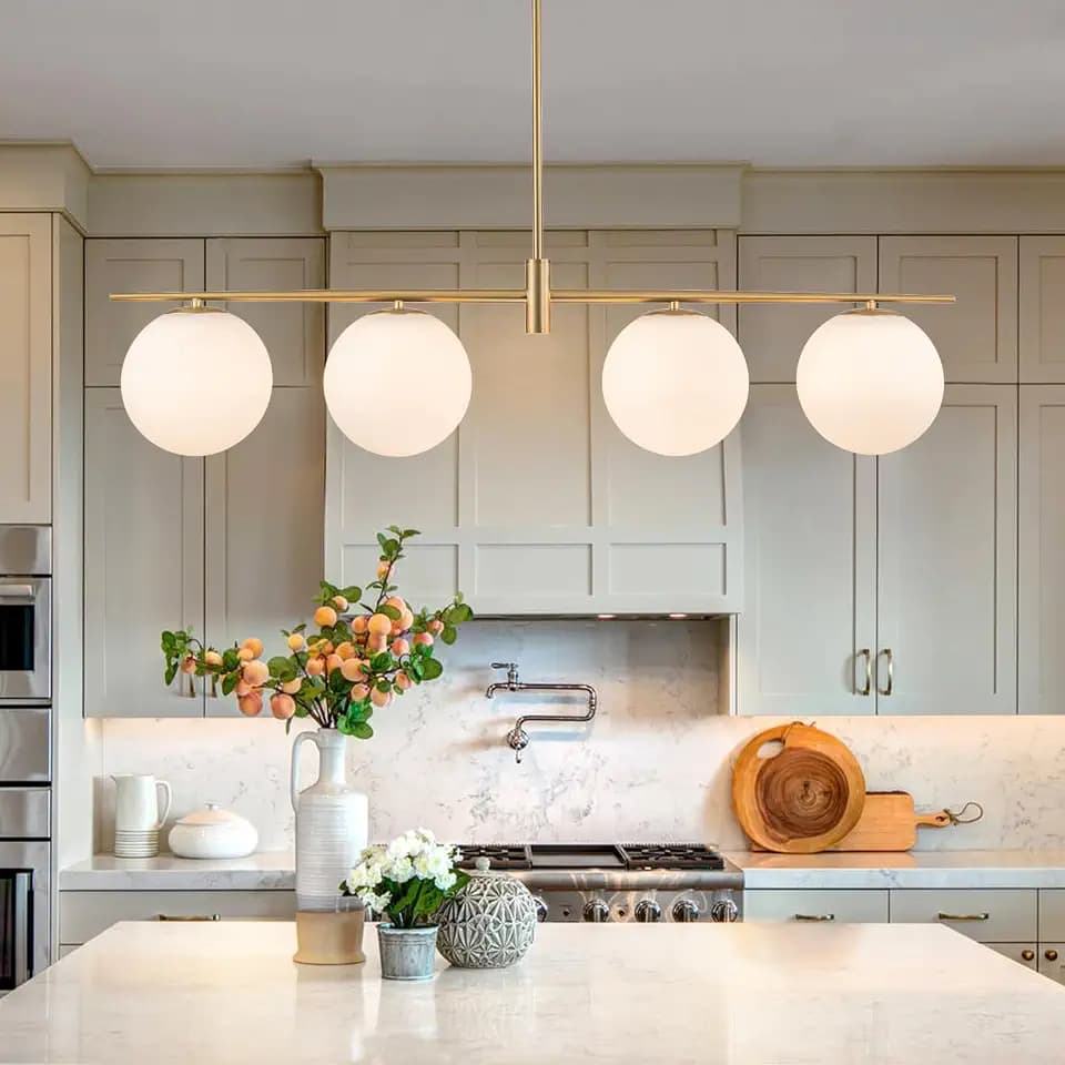 45.3" Modern Linear Chandelier 4-Lights Milk Glass Globe Linear Pendant Light Fixture Brushed Gold Mid Century Chandelier Kitchen Island Dining Room Light Fixture Over Table