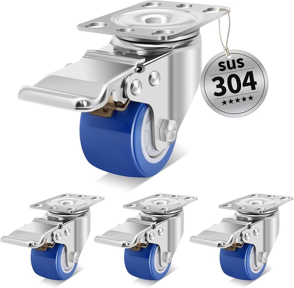 50mm Edelstahl-Schwerlastrollen mit 4 Bremsen, Hochhärtig und Hitzebeständig, Möbelrollen Klein, 360kg Kapazität, 360°-Lenkrollen für Medizinische Geräte, Industrieanlagen, Outdoor-Einsatz