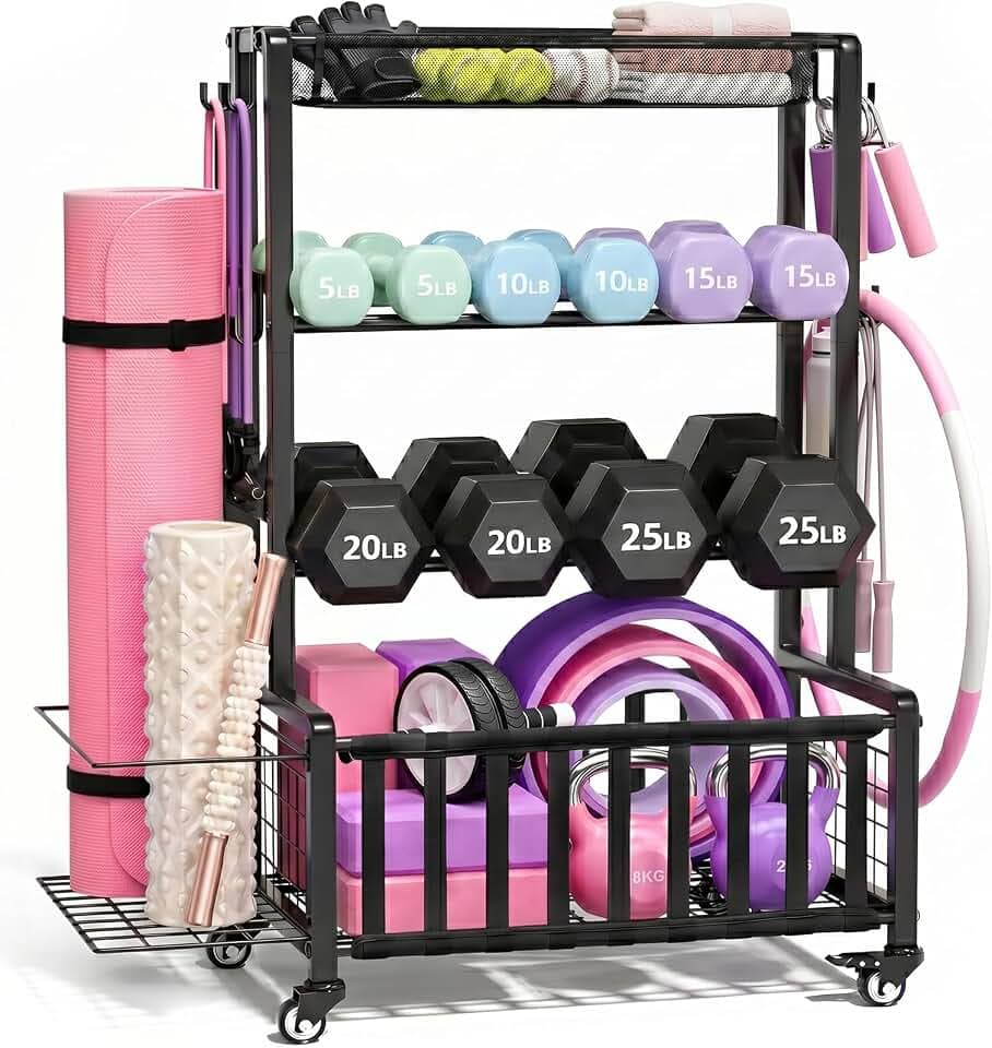 Dumbbell Rack, Home Gym Storage Rack, Adjustable Weight Rack Organizer with Wheels & Hooks, Heavy Duty Gym Equipment Storage, Workout Storage Organizer for Garage Gym