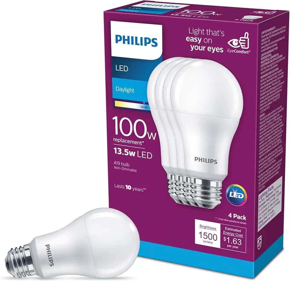 Philips LED Basic Frosted Non-Dimmable A19 Light Bulb - EyeComfort Technology - 1500 Lumen - Daylight (5000K) - 13.5W=100W - E26 Base - Old Version- Indoor - 4-Pack