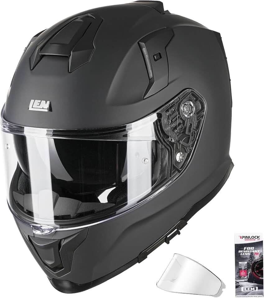 LEM Motorcycle Helmets Full Face for Men, Motorcycle Helmet for Adults, DOT Certified, PINLOCK & DVS Dual Vision, Motorcycle Street Bike Helmet, Bluetooth Speaker Pockets (Matte Black Large) VZN FP09