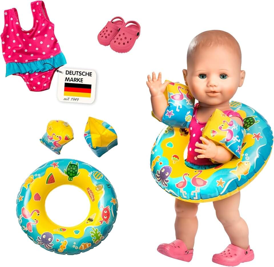 Heless 88 - Schwimm-Set für Puppen, Badeanzug, Clogs, Schwimmring und -flügel mit lustigen Bade- und Wassermotiven, Puppengröße ca. 35 - 45 cm, für Badespaß an heißen Sommertagen