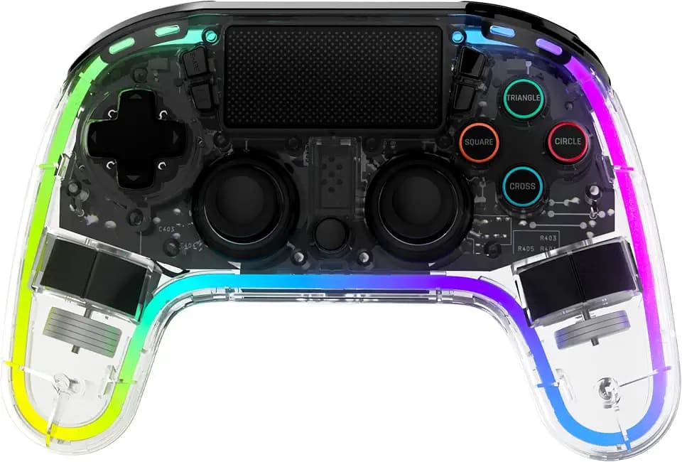 Snakebyte GAMEPAD RGB 4 - transparenter Wireless Controller für PlayStation 4, einstellbare RGB-Beleuchtung, starker Akku, belegbare Zusatztasten