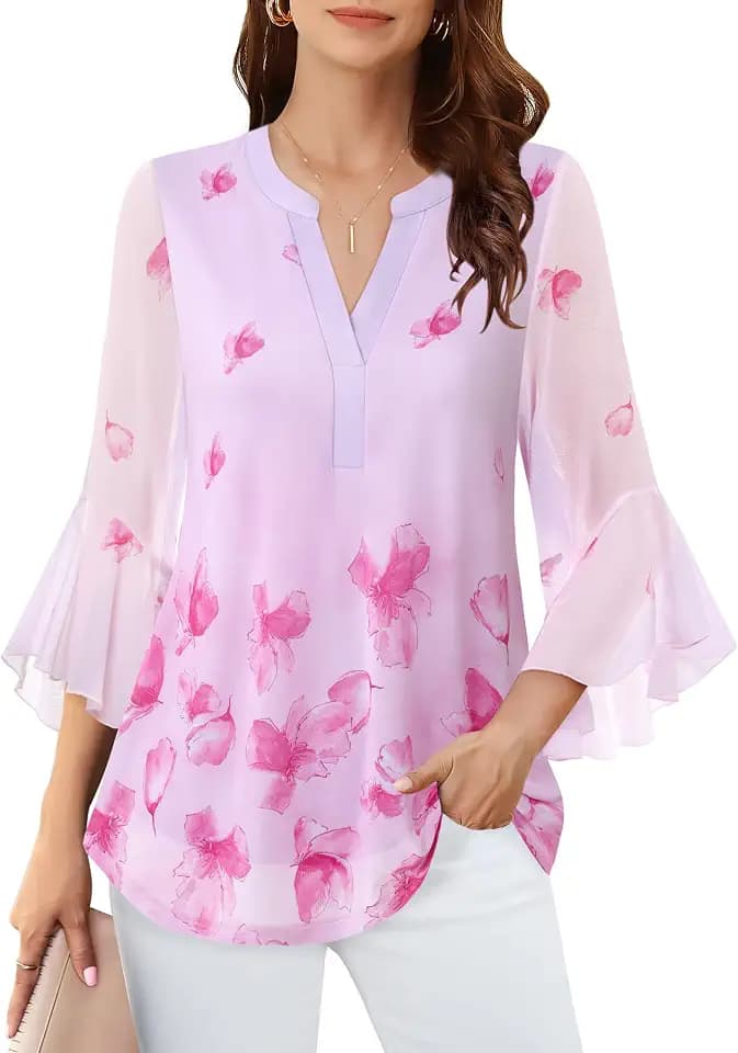 Lotusmile Women's 3/4 Sleeve Dressy Tops Elegant V Neck Blouse for Women Casual Work Evening Party