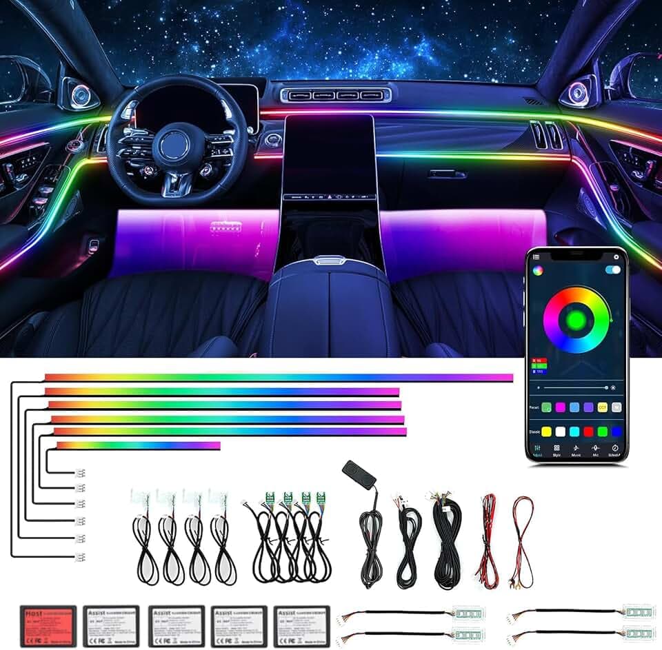 Acryl-Innenraumbeleuchtungsset für Autos,Bphuny 18-in-1 593 LEDs,Glasfaser,mehrere Modi,Dekorations-Atmosphärenlichter mit Musik,dynamischem Regenbogenrhythmus,RGB-Neonlichter für alle Autos