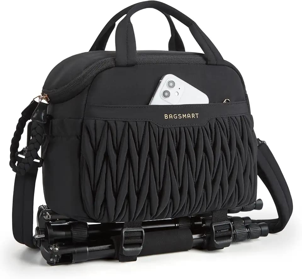 BAGSMART Camera Sling Bag, Portable Small Camera Bags for Photographers with Tripod Holder, Waterproof DSLR/SLR/Cute Camera Case for Women with Rain Cover, Compatible with Sony Canon Nikon, Black
