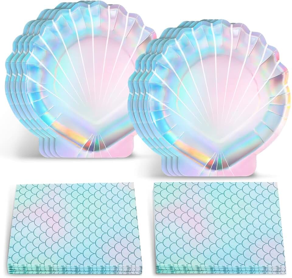 Gersoniel 40 Pcs Mermaid Party Plates and Napkins, Iridescent Shell