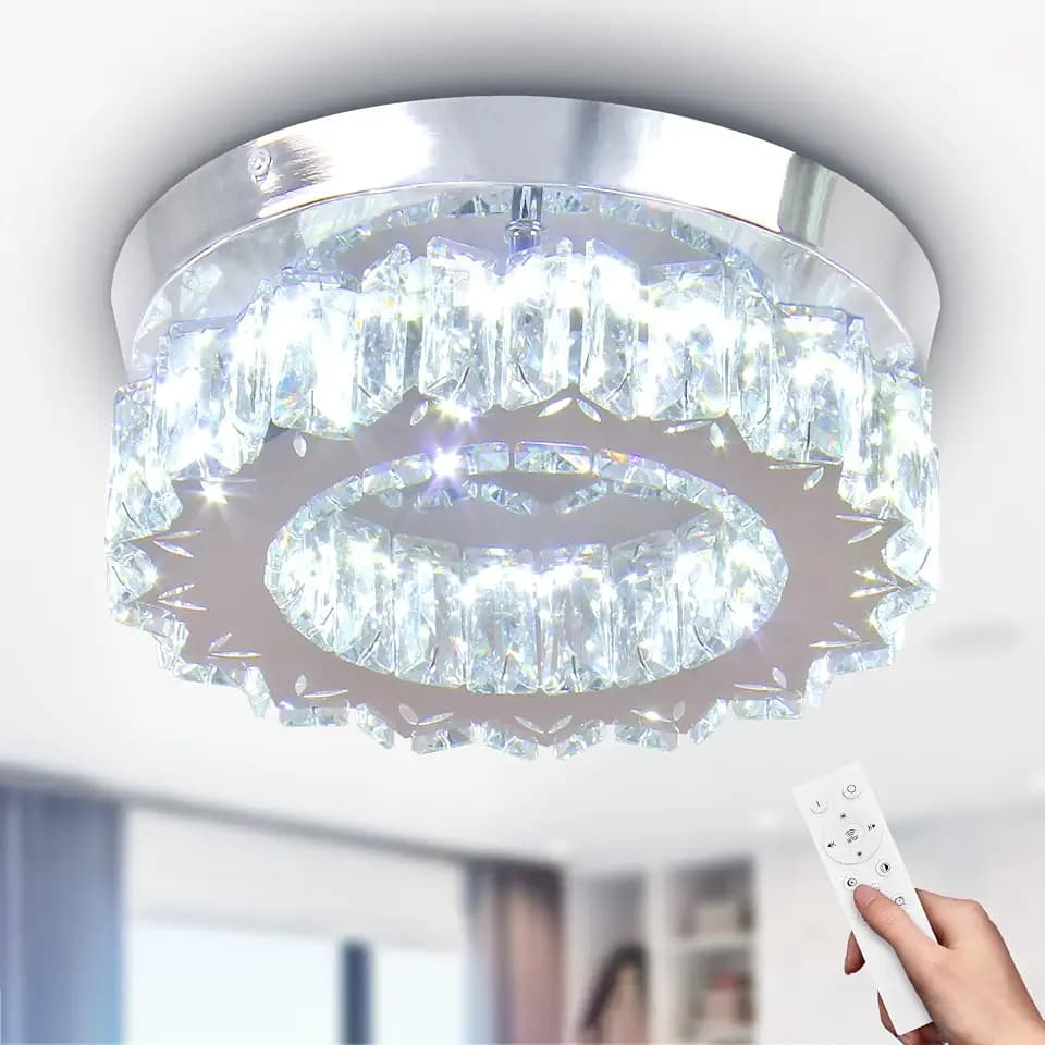 Modern Round Crystal Flush Mount Chandelier Ceiling Light Dimmable remote