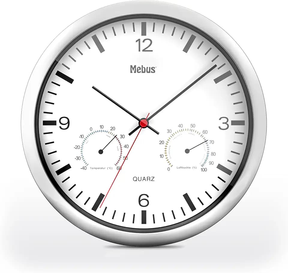 MEBUS Quarz-Wanduhr mit Thermometer und Hygrometer/silberner Rahmen/weißes Zifferblatt / 25cm Durchmesser/Rund/Modell: 56730 / Farbe: Silber, Weiß