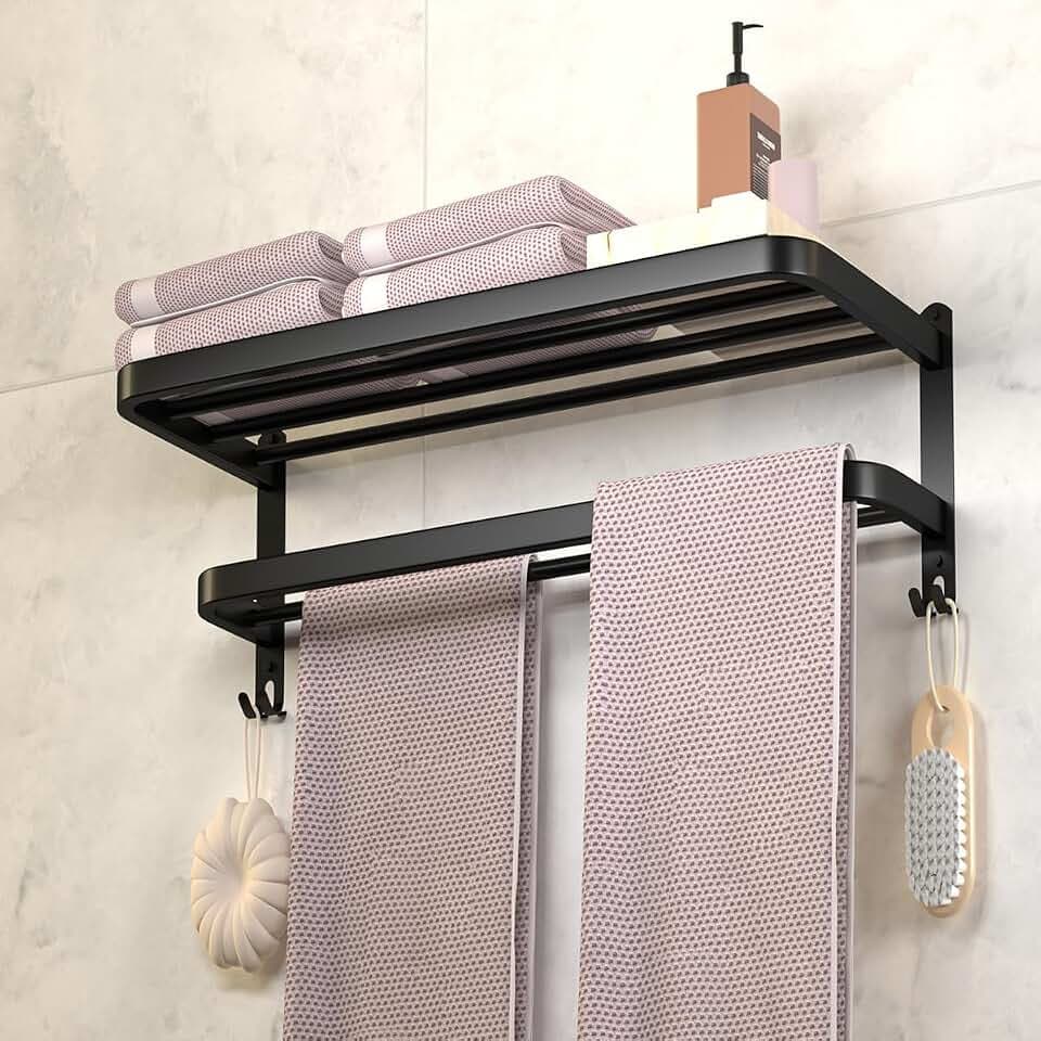 Schwarze Handtuchhalter für Badezimmer, Handtuchregal mit Doppelhandtuchstangen, WC-Wandhalterung, Halter mit Haken, Edelstahl, Hotel-Bad-Rack (Mattschwarz, 38,1 cm)