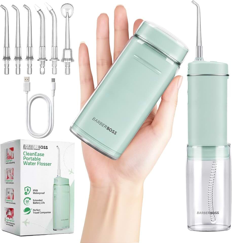 BarberBoss Reise-Munddusche, Taschen-Munddusche mit 3 Druckstufen, 6 Aufsätzen (3 Standard, Kieferorthopädie, Parodontal, Zungenreiniger), Tragbares kabelloses Mundduschegerät, QR-7115 (Grün)