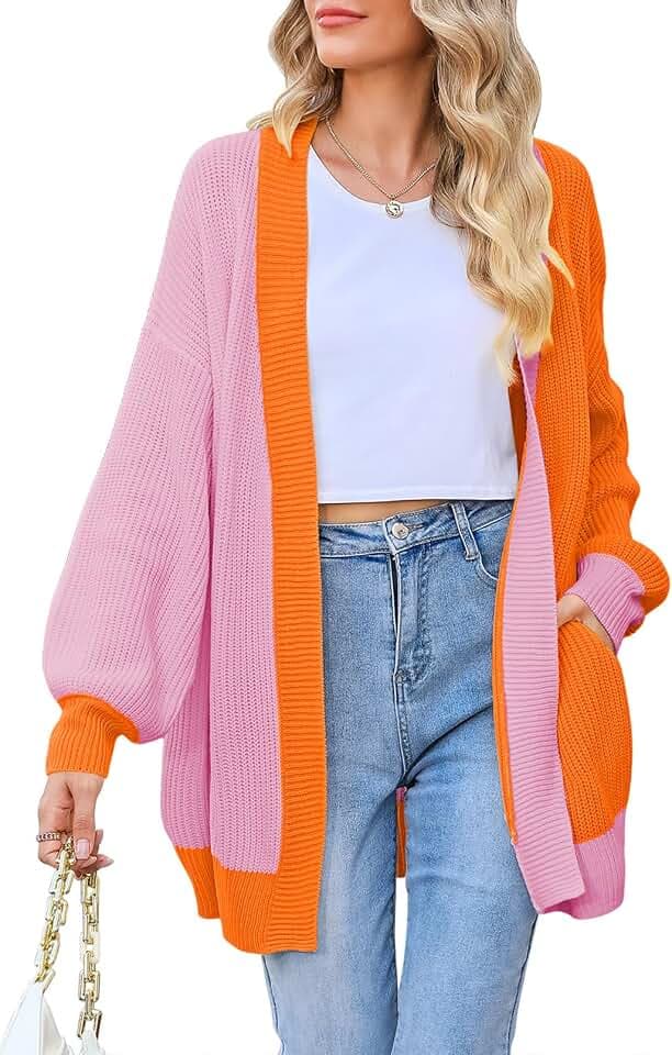 Pink Queen 2026 Fall Long Cardigans for Women Batwing Sleeve Open Front Ribbed Knit Oversized Cardigan Sweaters with Pockets