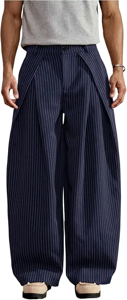 BEAUDRM Men's Wide Leg Baggy Pants Pleated Dress Pants Casual Suit Trousers