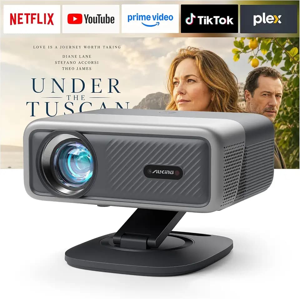 [5000 ANSI & 70W Dolby Audio] Smart Projector with WiFi and Bluetooth,TOF Real-Time Auto Focus Projector, AuKing Outdoor Movie Home Proyector with Omni-Adjustable Stand(silver grey)