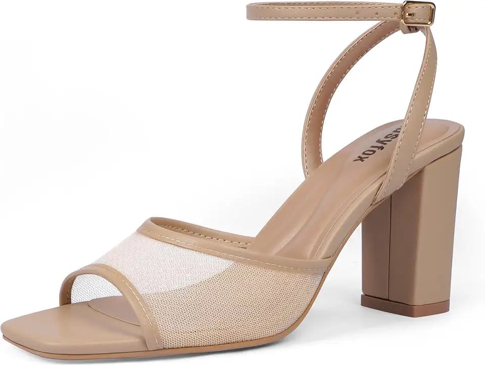 Easyfox Open Toe Chunky Heels for Women Ankle Strap High Heeled Sandals