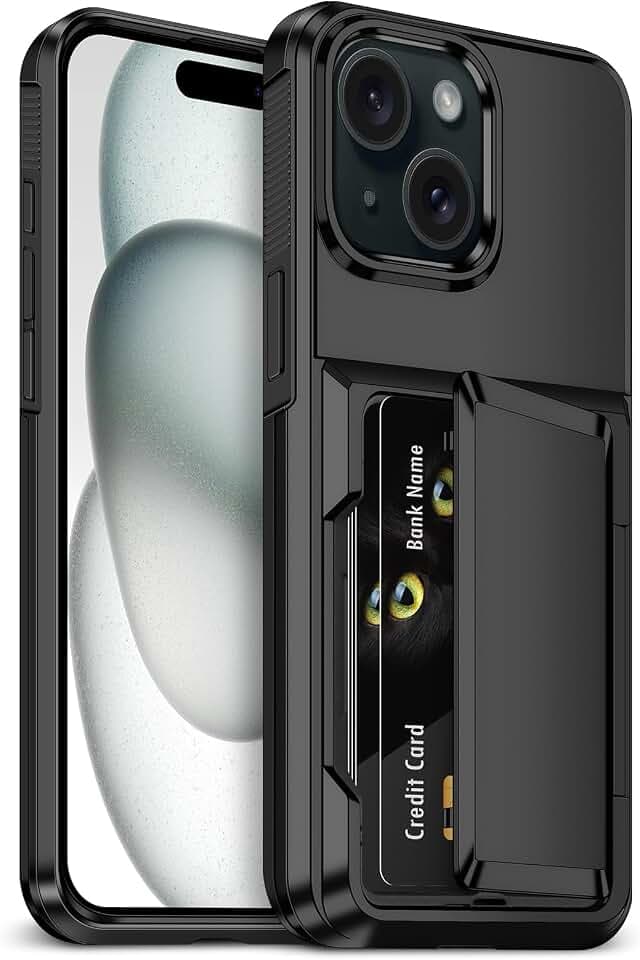 für iPhone 15 Hülle mit Kartenhalter Wallet Max 5 Karten für hülle iPhone 15 Heavy Duty Hard PC TPU Silikon Schutzhülle Stoßfest Schutzhülle für handyhülle iPhone 15 Schwarz