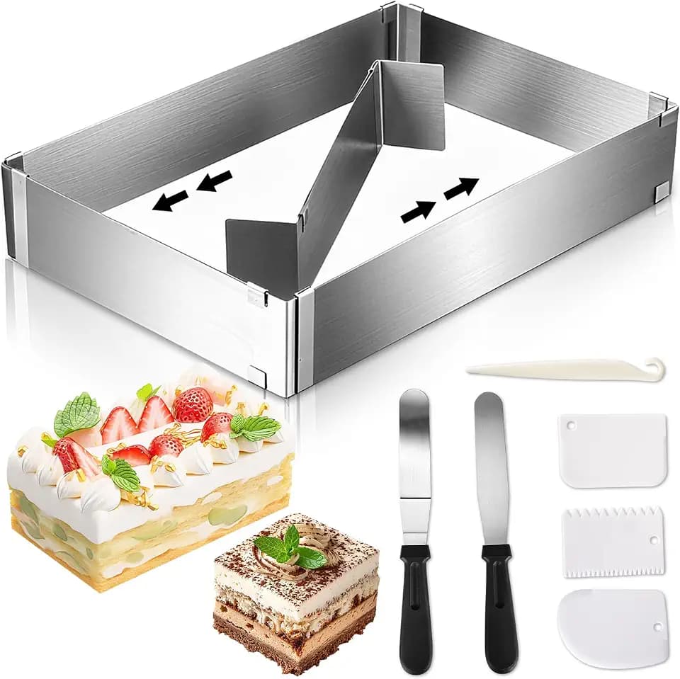 AiQInu Backrahmen Rechteckig Verstellbar, Backrahmen Eckig Verstellbar, Tortenring Eckig, Backblech mit Teiler und Spatel für Kuchen Torten Pizza (18.5x27.5 bis 34x52.5cm)