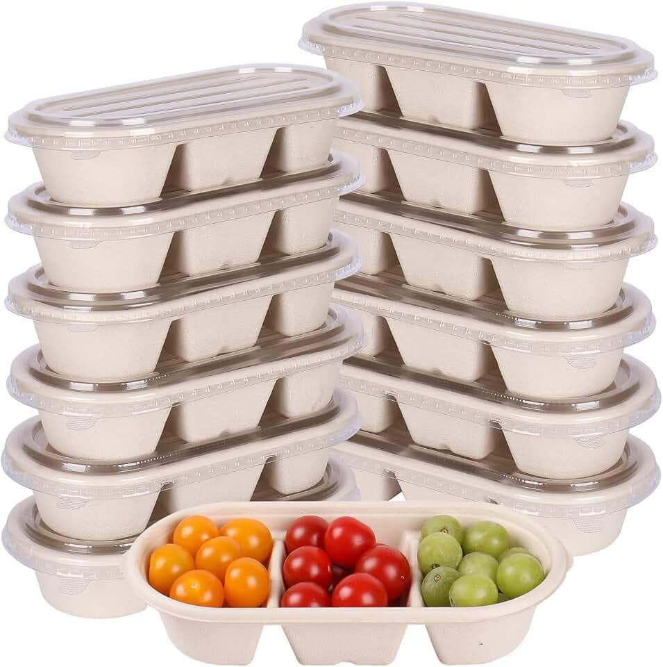 disposable bowls 18 oz 3 compartments with lids Bagasse 50 Pack