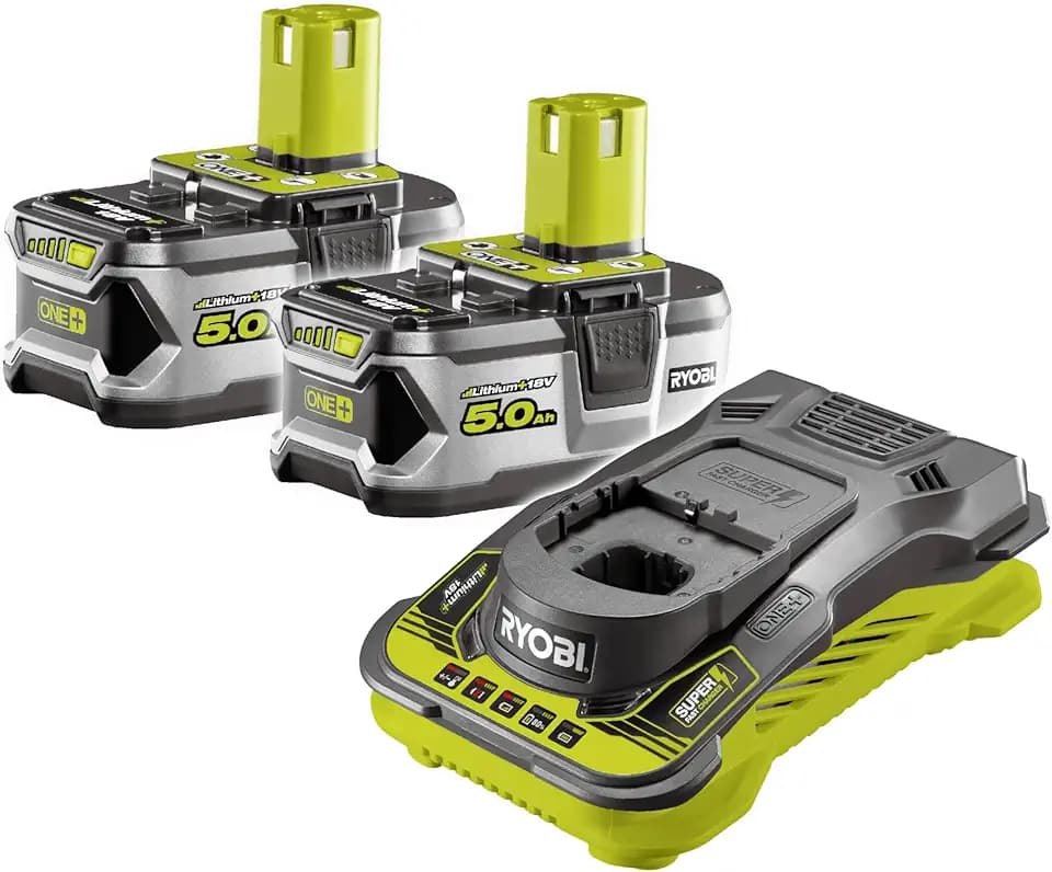 RYOBI 18 V ONE+ Akku-Set RC18150-250G, 2X 5,0 Ah High Energy Lithium+ Akku & Ladegerät, IntelliCell, Ladestandsanzeige, kompatibel mit ONE+ Geräten