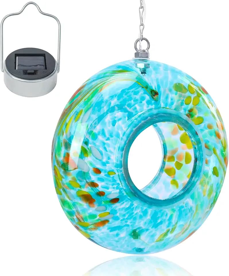 VCUTEKA Glass Bird Feeder, Fly Through Solar Feeders for Garden Decor, Blue