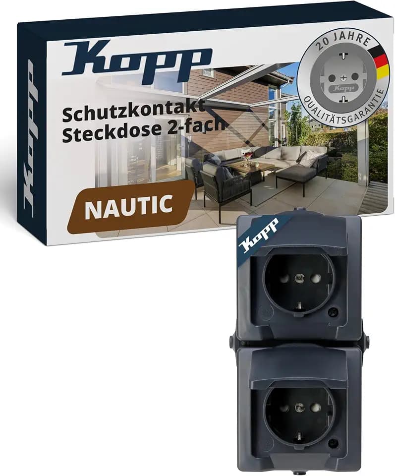 Kopp NAUTIC 2-fach Schutzkontakt-Steckdose mit Klappdeckel in Anthrazit - Sichere Aufputz-Steckdose mit erhöhtem Berührungsschutz - Senkrechter IP44 Feuchtraumsteckdosen-Aufputz 16A / 250V~