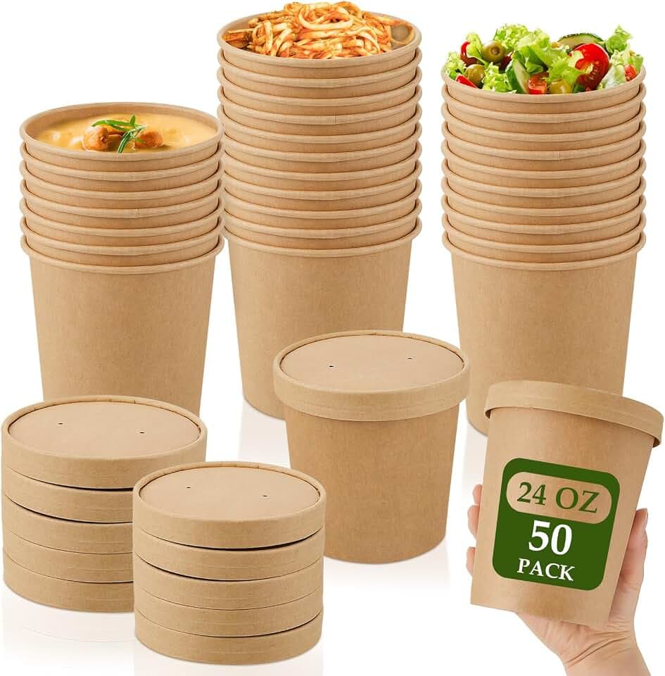 Sabary 50 Pack Paper Soup Containers with Lids Disposable, 26 oz, Brown