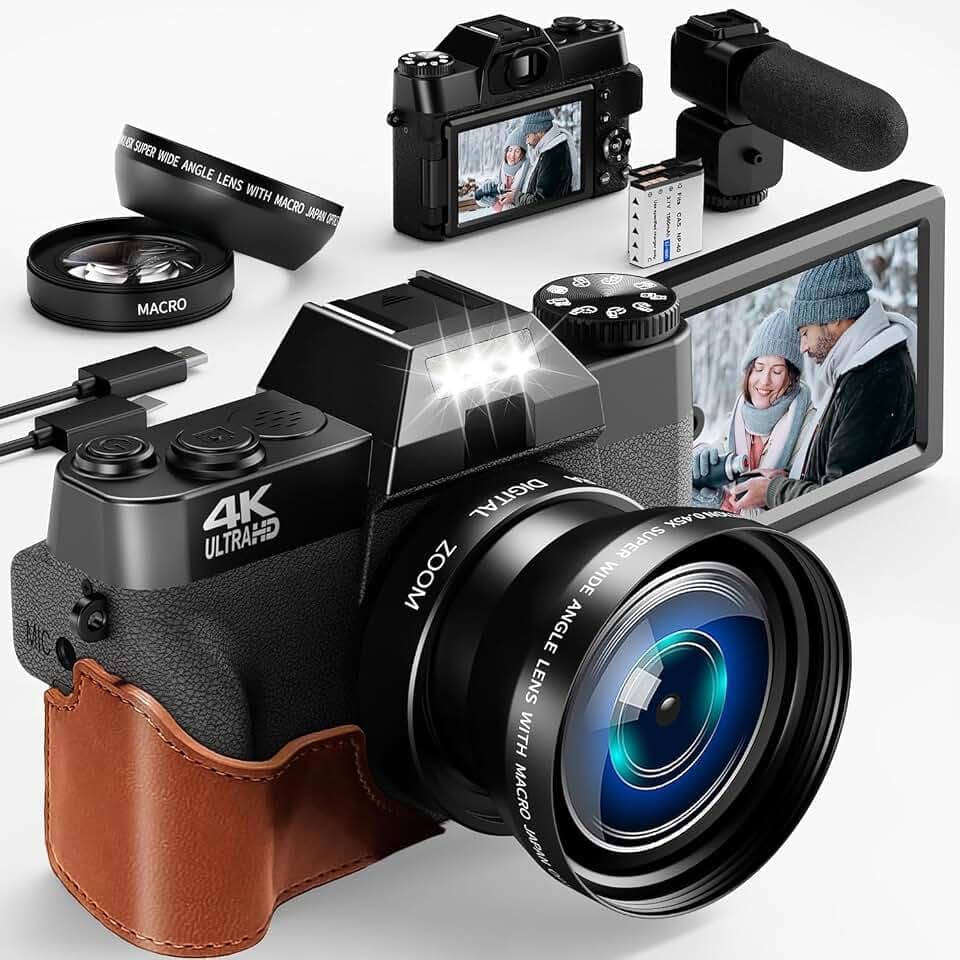 Digital Camera Camcorder, 56MP Digitalkamera, Fotokamera mit 180° Flip 3.0" Bildschirm, mit Weitwinkel+Macro Linse, 32G TF Karte 3.0" Kompaktkamera 180° Flip Bildschirm
