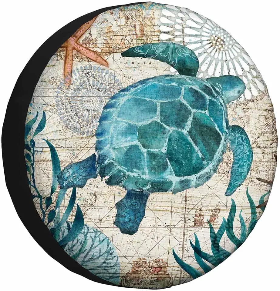Green Sea Turtle Spare Tire Cover Ocean Map Seaweed Coral Starfish Mandala Ship Nautical Line Weatherproof Universal Wheel Protectors Camper Tire Covers for Trailer Rv Travel(17 inch)